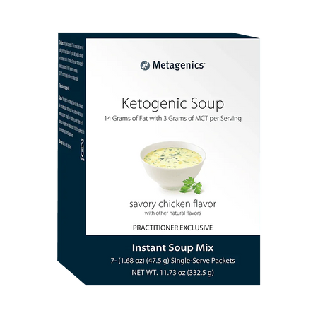 Box of ketogenic soup savory chicken flavor instant soup mix with MCT oil, 7 packets
