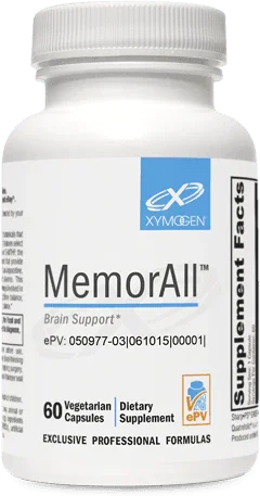 Bottle of MemorAll brain support dietary supplement, 60 vegetarian capsules, white label