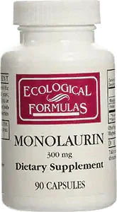 Monolaurin 300mg dietary supplement bottle with 90 capsules shown on white background