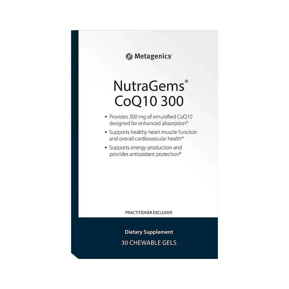 Box of NutraGems CoQ10 300 dietary supplement, 30 chewable gels, heart and antioxidant support.