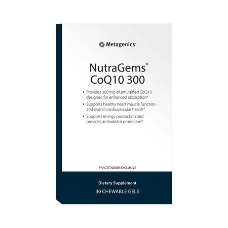 Box of NutraGems CoQ10 300 dietary supplement, 30 chewable gels, heart and antioxidant support.