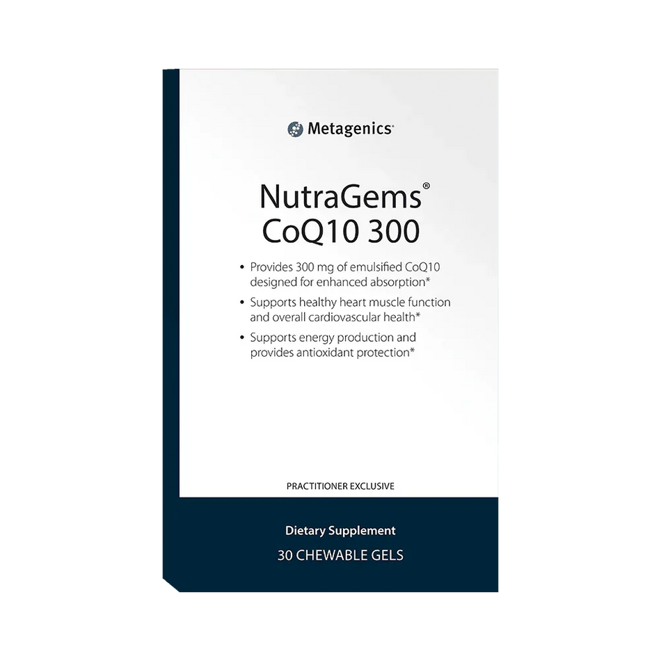 Box of NutraGems CoQ10 300 dietary supplement, 30 chewable gels, heart and antioxidant support.