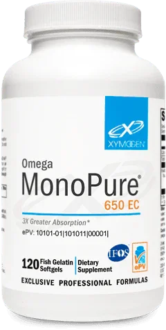 Omega MonoPure 650 EC dietary supplement bottle with 120 fish gelatin softgels