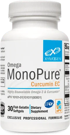 Bottle of Omega MonoPure Curcumin EC supplement with 30 fish gelatin softgels