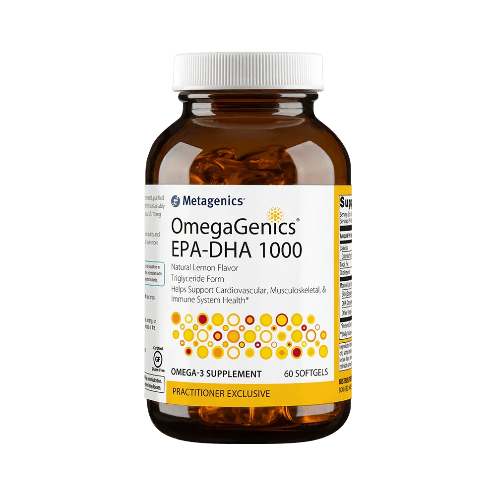 OmegaGenics EPA-DHA 1000 omega-3 supplement bottle, 60 softgels, dietary supplement