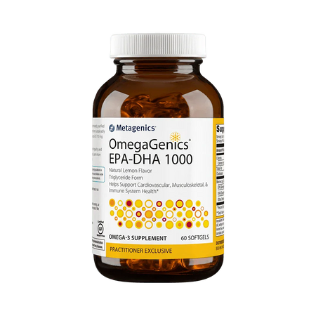 OmegaGenics EPA-DHA 1000 omega-3 supplement bottle, 60 softgels, dietary supplement