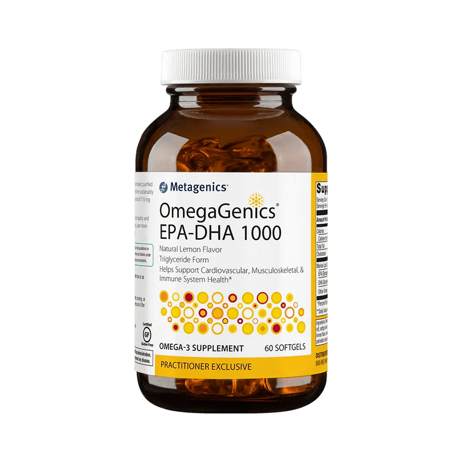 OmegaGenics EPA-DHA 1000 omega-3 supplement bottle, 60 softgels, dietary supplement