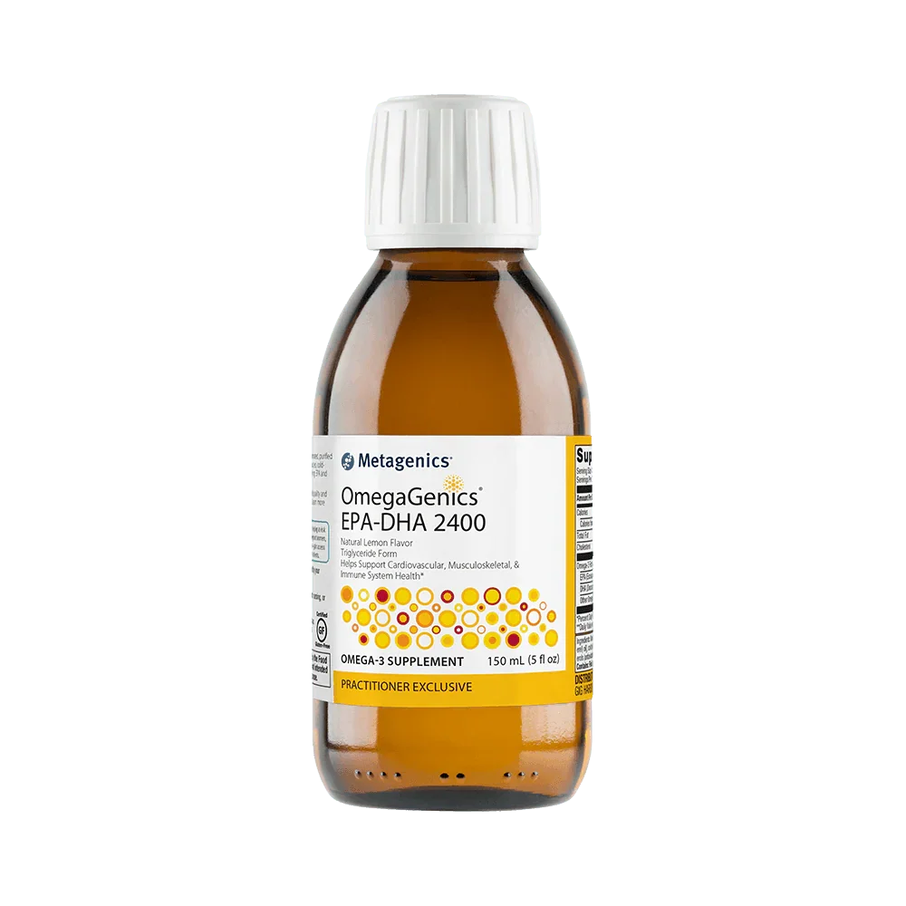 OmegaGenics EPA-DHA 2400 omega-3 supplement liquid bottle with white label