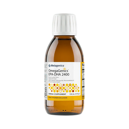 OmegaGenics EPA-DHA 2400 omega-3 supplement liquid bottle with white label