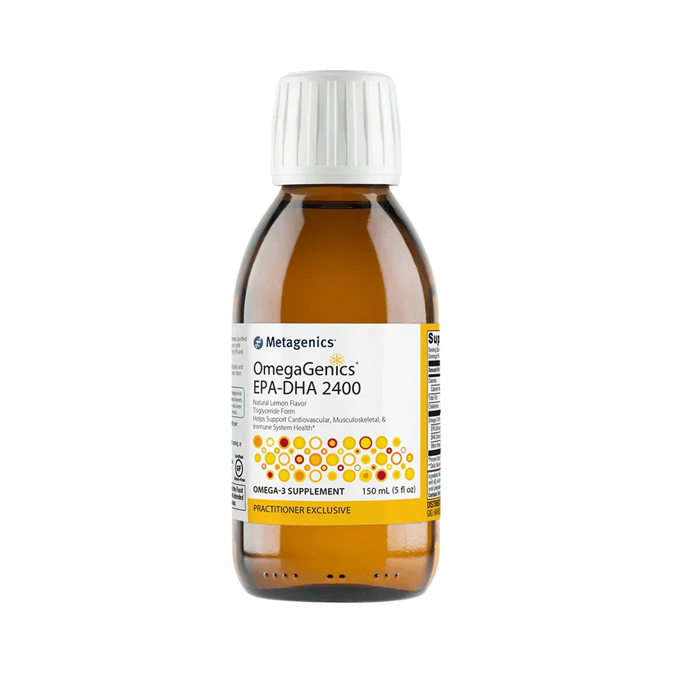 OmegaGenics EPA-DHA 2400 omega-3 supplement liquid bottle with white label