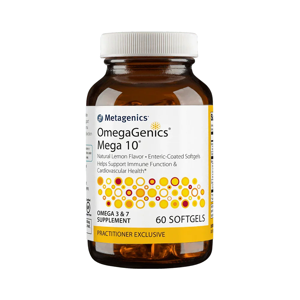 OmegaGenics Mega 10 omega 3 and 7 supplement softgels bottle, 60 count