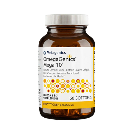 OmegaGenics Mega 10 omega 3 and 7 supplement softgels bottle, 60 count