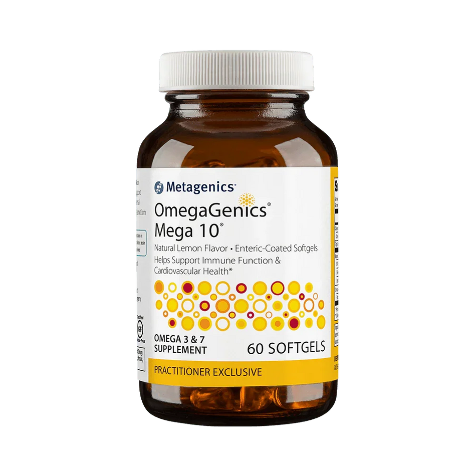 OmegaGenics Mega 10 omega 3 and 7 supplement softgels bottle, 60 count