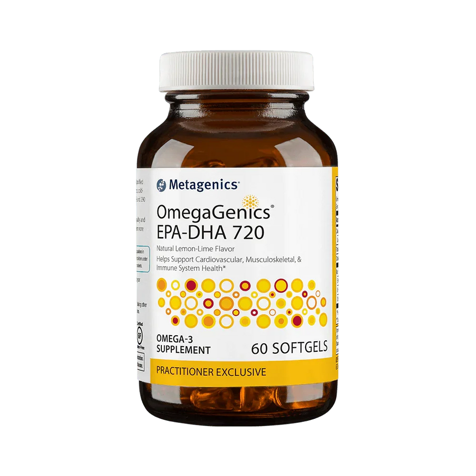 OmegaGenics EPA-DHA 720 omega-3 supplement bottle with 60 softgels