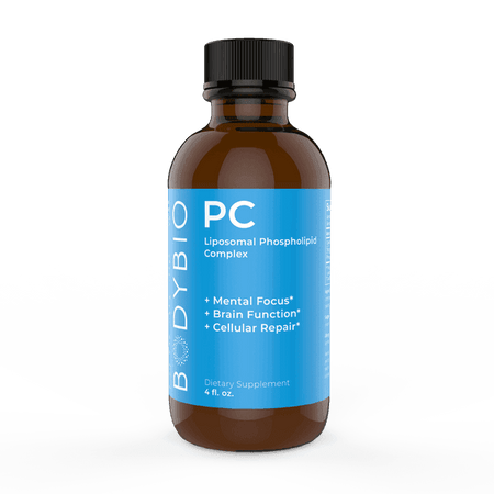 BodyBio PC dietary supplement bottle with blue label for brain and cellular health, 4 oz