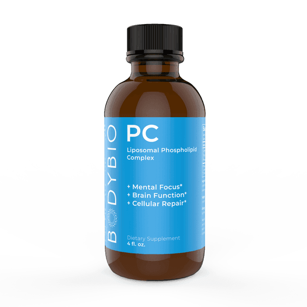 BodyBio PC dietary supplement bottle with blue label for brain and cellular health, 4 oz