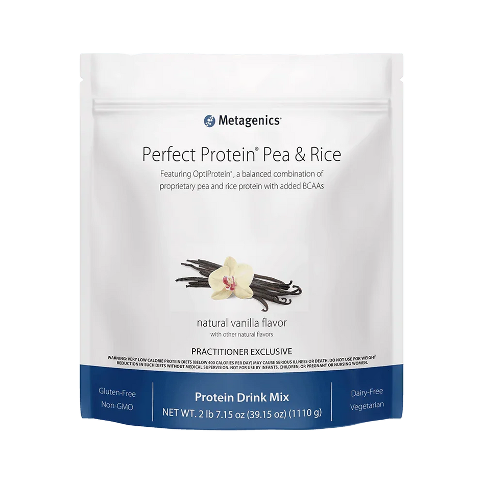Perfect Protein Pea & Rice vanilla protein powder bag, gluten-free, dairy-free, non-GMO