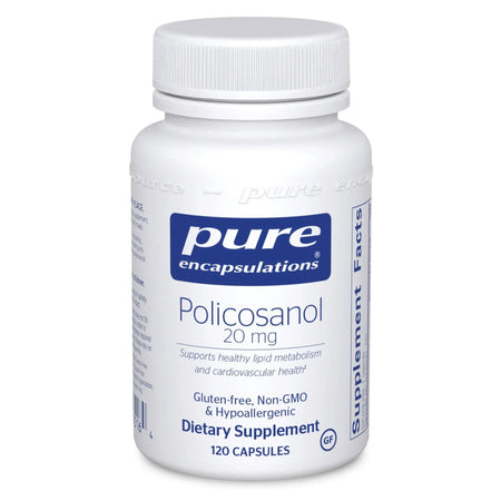 Policosanol 20mg dietary supplement bottle with 120 capsules, gluten-free and non-GMO
