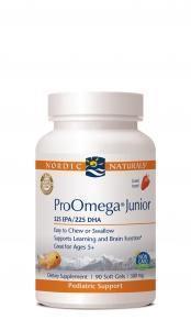 ProOmega Junior fish oil supplement bottle for kids, pediatric support, 90 soft gels