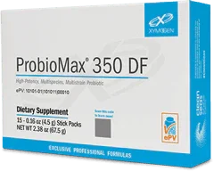 Box of ProbioMax 350 DF dietary supplement 15 stick packs, probiotic formula