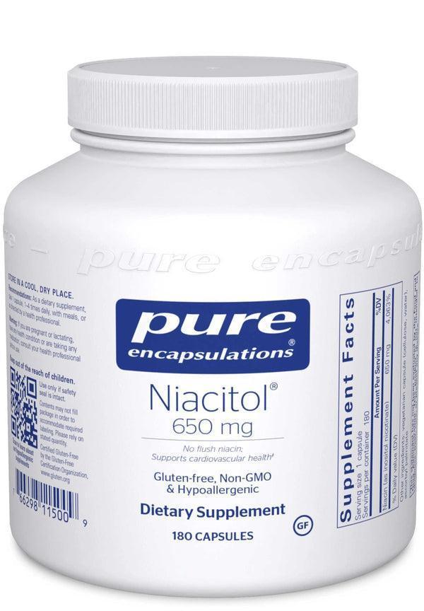 White bottle of Niacitol 650 mg dietary supplement, 180 capsules, gluten-free, non-GMO