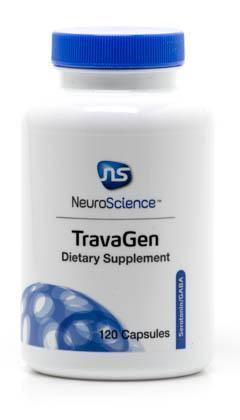 NeuroScience TravaGen dietary supplement bottle, 120 capsules, white label, blue cap