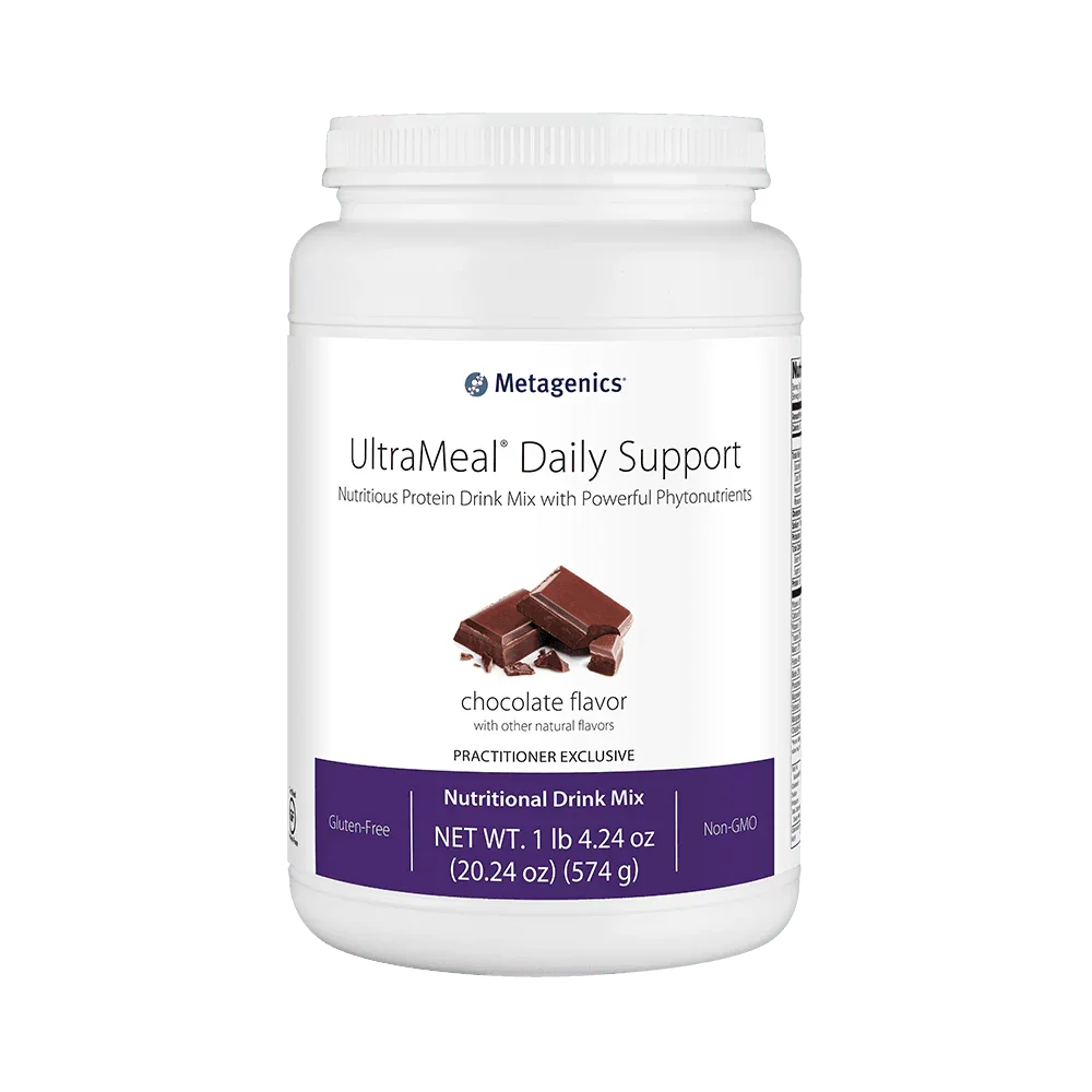 UltraMeal Daily Support chocolate flavor nutritional drink mix container with chocolate pieces