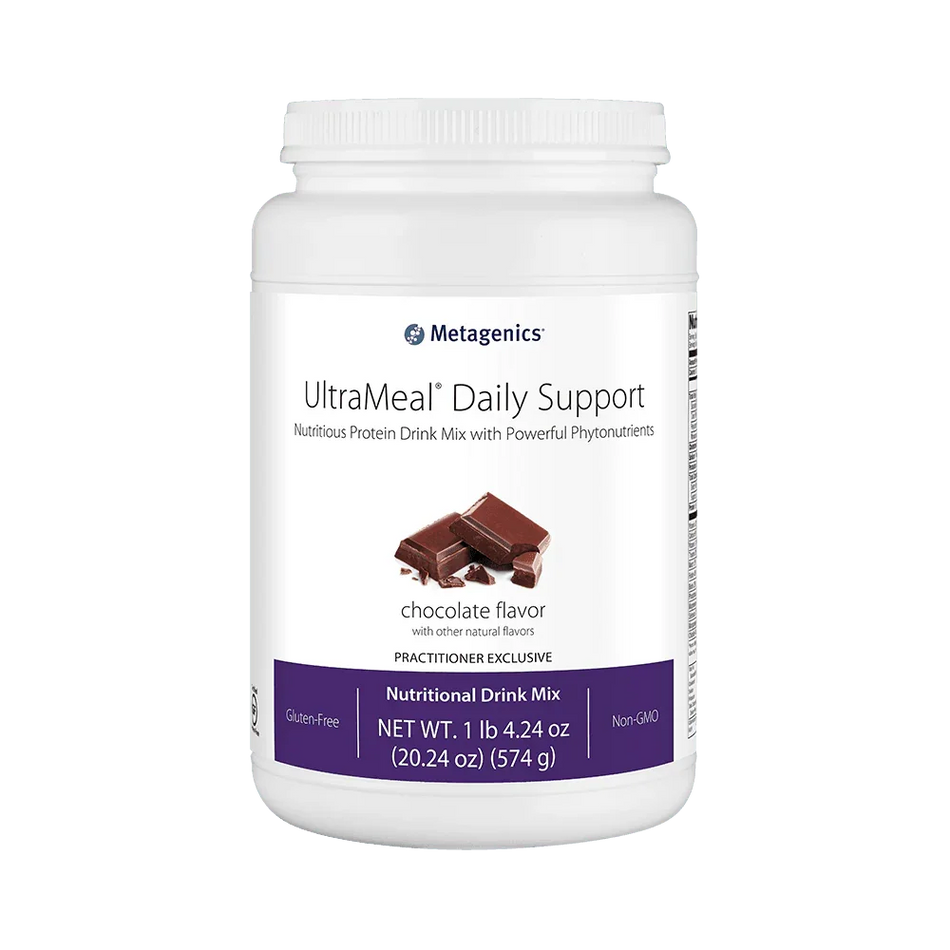 UltraMeal Daily Support chocolate flavor nutritional drink mix container with chocolate pieces