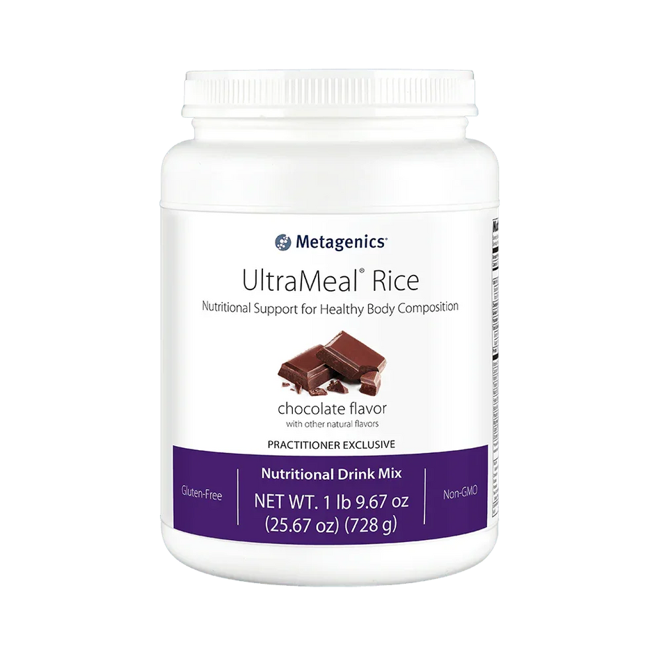 UltraMeal Rice chocolate flavor nutritional drink mix container, gluten-free and non-GMO