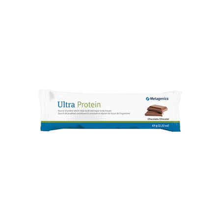 Ultra Protein chocolate protein bar in white and blue packaging, 63g size, isolated on gray background.