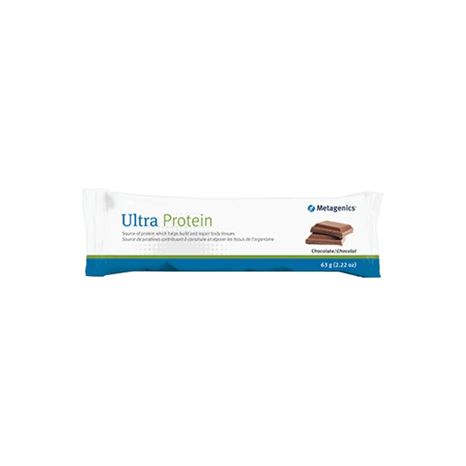 Ultra Protein chocolate protein bar in white and blue packaging, 63g size, isolated on gray background.