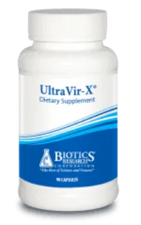 UltraVir-X dietary supplement bottle with blue label, Biotics Research, health support capsules