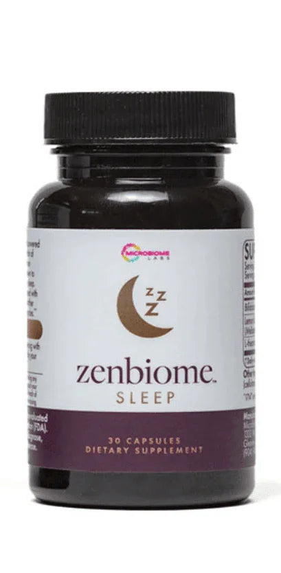 Zenbiome Sleep dietary supplement bottle with crescent moon label, 30 capsules