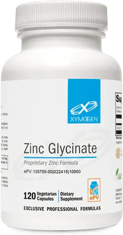 Zinc Glycinate bottle with 120 vegetarian capsules, dietary supplement label visible.