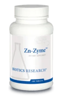 Biotics Research Zn-Zyme zinc supplement bottle with white label, 100 tablets