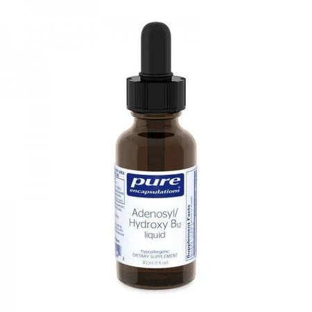 Adenosyl Hydroxy B12 liquid supplement in amber dropper bottle with blue and white label