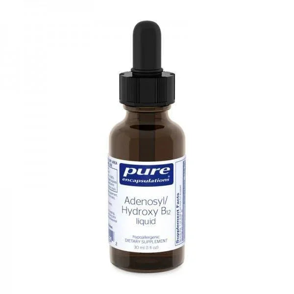 Adenosyl Hydroxy B12 liquid supplement in amber dropper bottle with blue and white label
