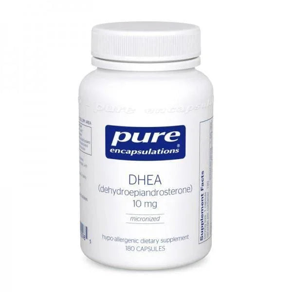Pure Encapsulations DHEA 10 mg dietary supplement bottle, 180 capsules, white label