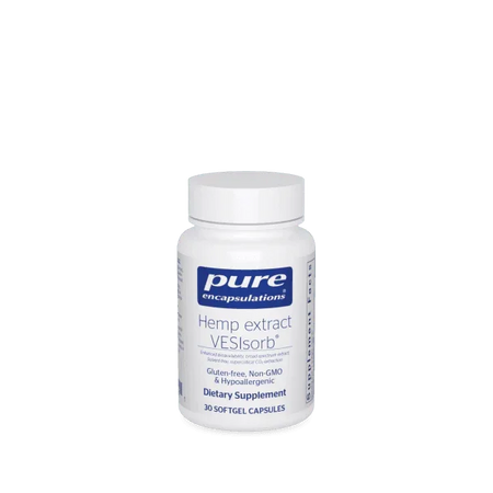 Pure Encapsulations Hemp Extract VESIsorb dietary supplement bottle, 30 softgel capsules