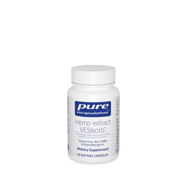 Pure Encapsulations Hemp Extract VESIsorb dietary supplement bottle, 30 softgel capsules