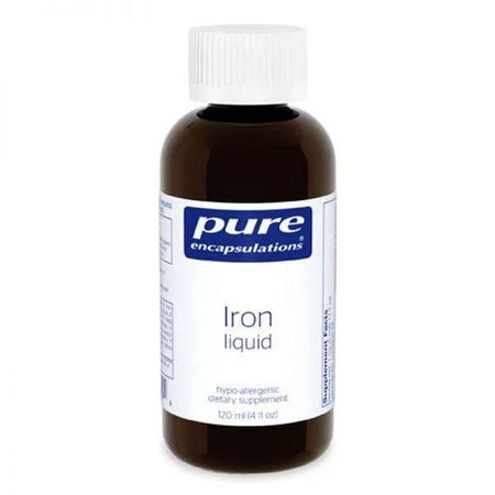 Pure Encapsulations Iron liquid dietary supplement bottle, 120 ml, with white label and cap.
