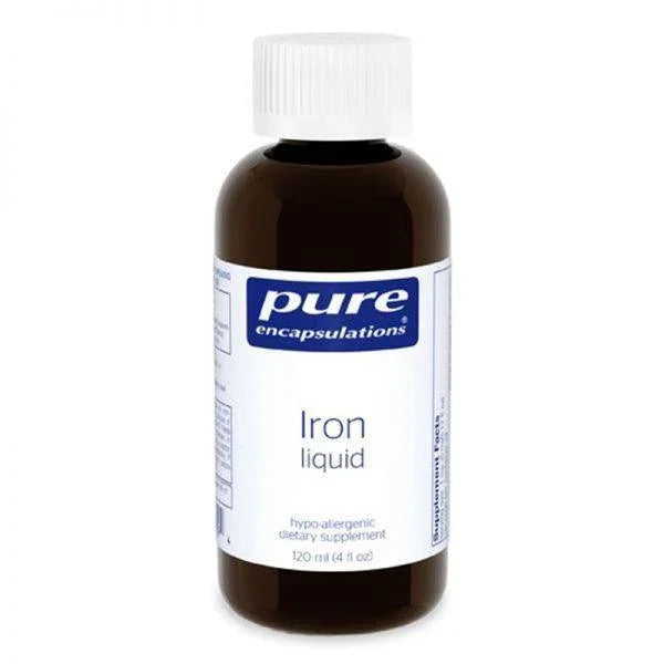 Pure Encapsulations Iron liquid dietary supplement bottle, 120 ml, with white label and cap.