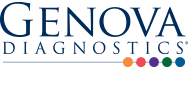 Genova Diagnostics blue text logo with six colored circles below the letters, white background.