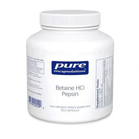 Pure Encapsulations Betaine HCl Pepsin dietary supplement bottle, 250 capsules
