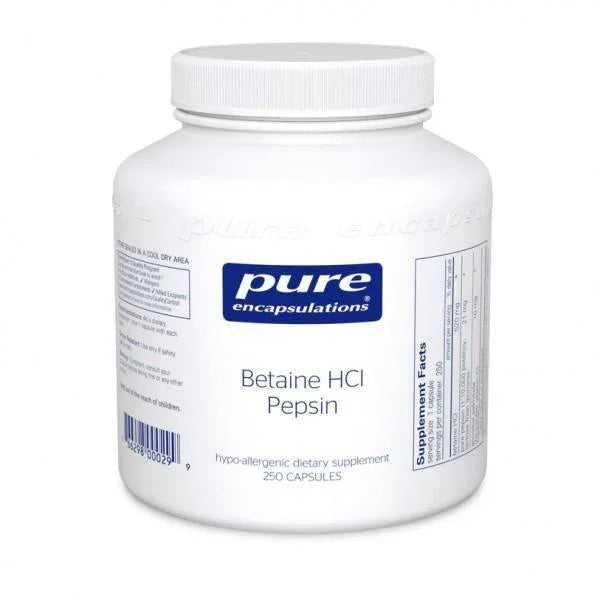 Pure Encapsulations Betaine HCl Pepsin dietary supplement bottle, 250 capsules