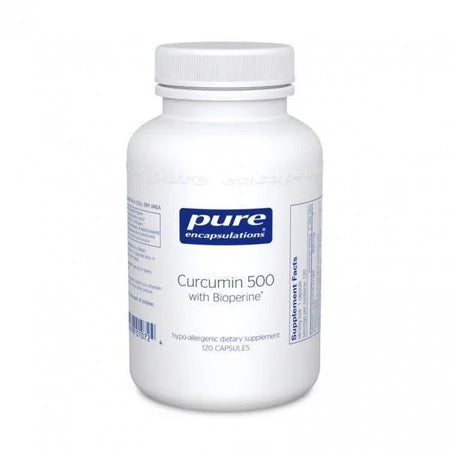 Curcumin 500 with Bioperine dietary supplement bottle, 120 capsules, hypoallergenic.