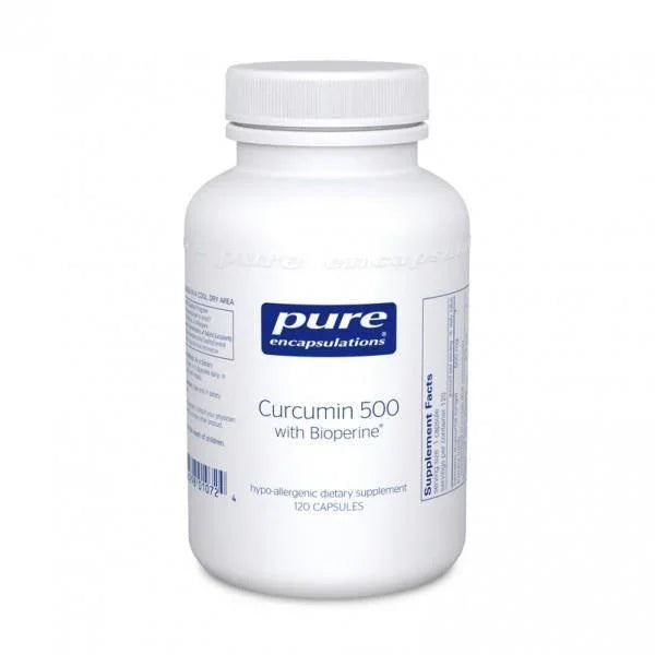 Curcumin 500 with Bioperine dietary supplement bottle, 120 capsules, hypoallergenic.
