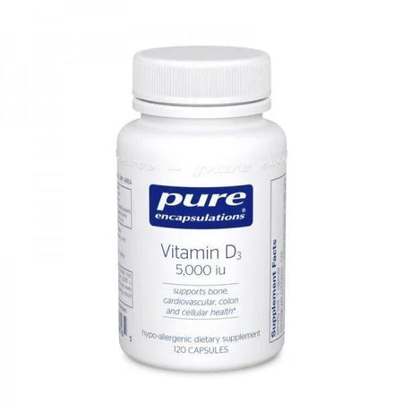 Pure Encapsulations Vitamin D3 5000 IU supplement bottle, 120 capsules, white label