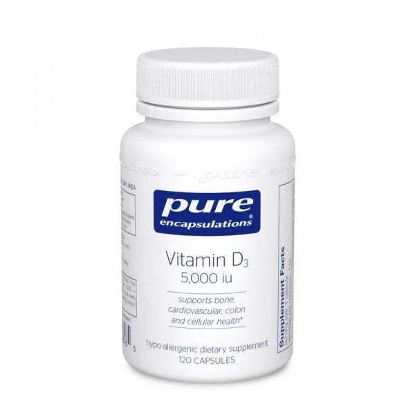 Pure Encapsulations Vitamin D3 5000 IU supplement bottle, 120 capsules, white label