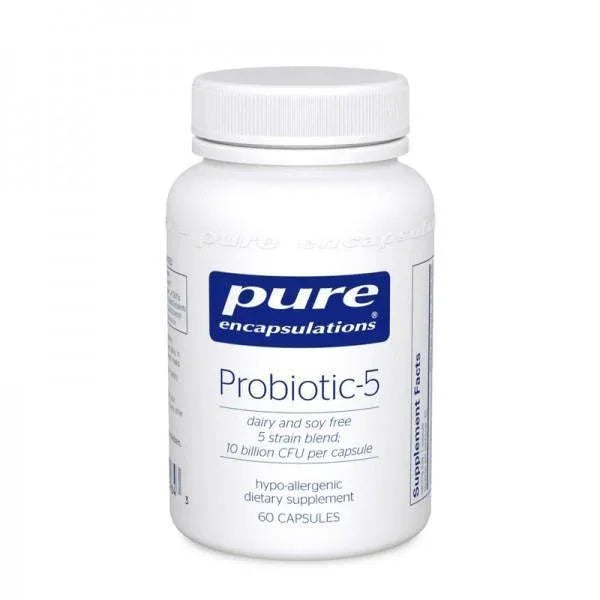 Pure Encapsulations Probiotic-5 supplement bottle, 60 capsules, hypoallergenic dietary supplement
